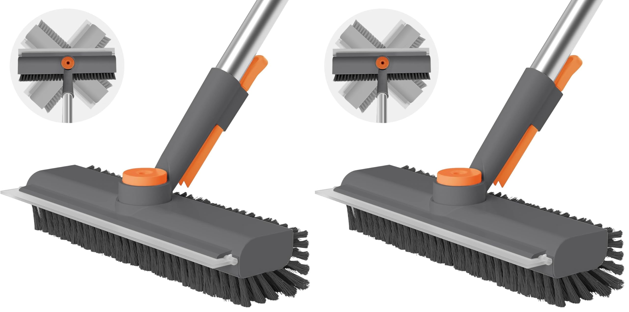 Floor Scrub Brush with Long Handle, 3 in 1 Scrape and Heavy-Duty Stiff Bristle Scrubber Brush for Cleaning Shower Bathroom, Patio, Pool, Garage, Kitchen, Wall and Deck (Gray, 2 Pack)