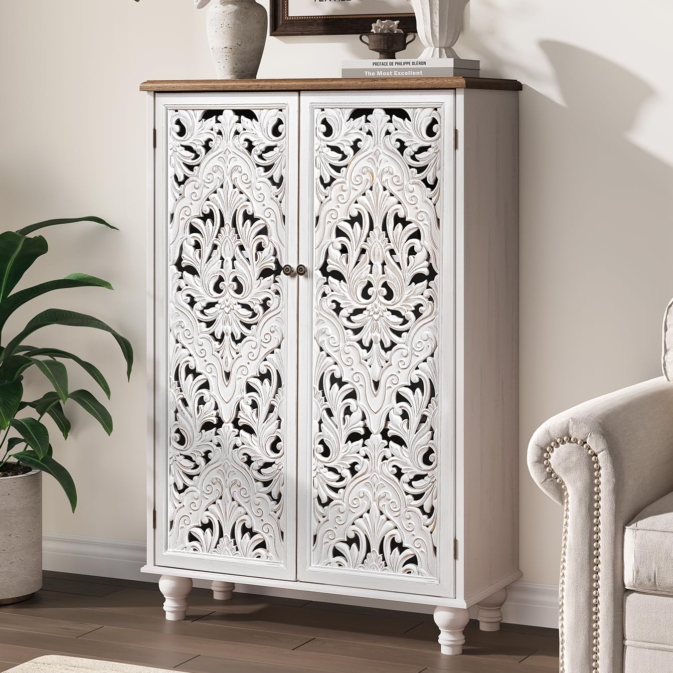 JOINICE 47" Tall Accent Cabinet with Carved Doors, Distressed White Wood Storage Cabinet with 3-Tier Shelves, Boho Farmhouse Sideboard Buffet for