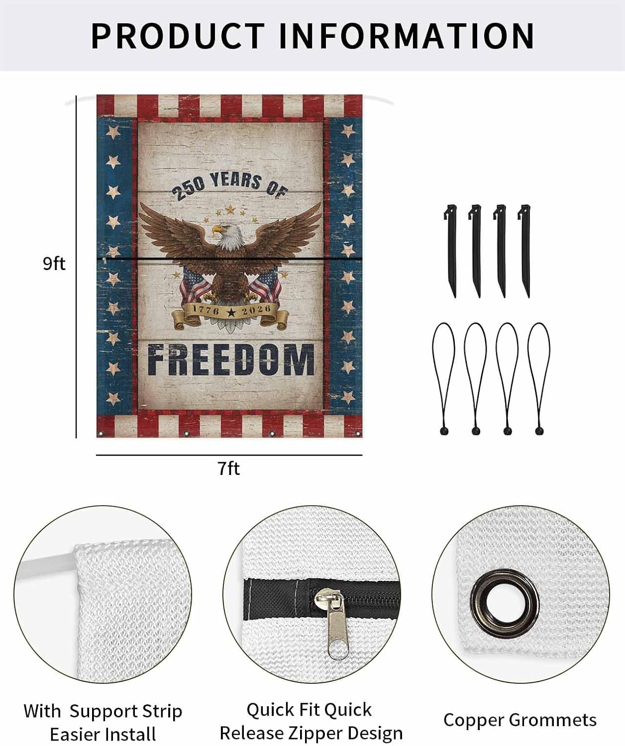 RV Awning Sun Shade Screen 9' x 7', 250 Anniversary USA Flag Mesh RV Awning Shades Complete Kits, Eagle Blue Red Vintage Sunlight Blocker Outdoor Canopy for Camping Trailer Motorhome