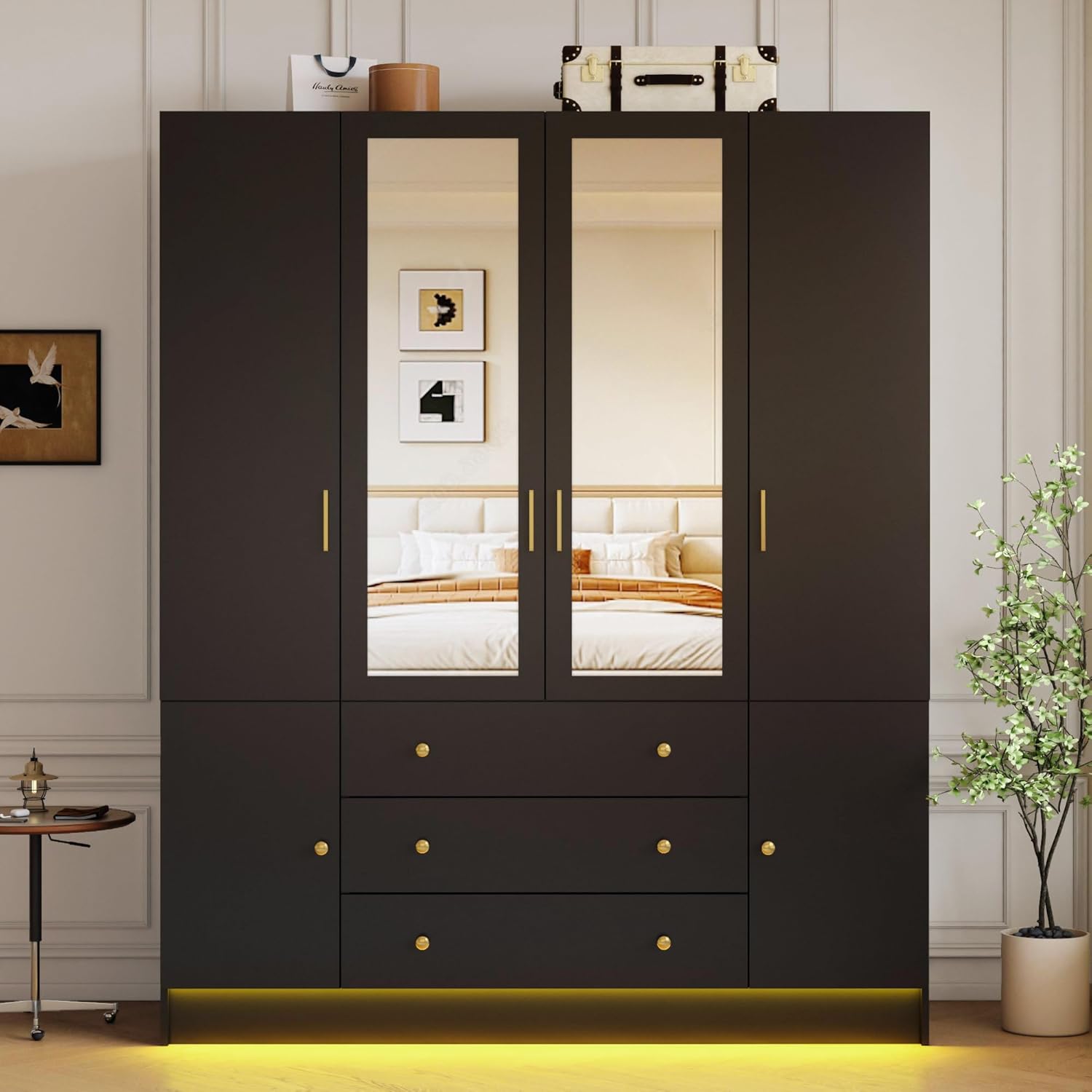 4 Doors Mirrored Wardrobe Armoire Closet with Drawers, LED Armoire Storage Cabinet with Adjustable Shelves & Hanging Rod, 74.8" H Freestanding Clothing Storage Cabinet for Bedroom, Black