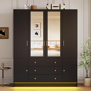 4 Doors LED Armoire Wardrobe Closet with Mirror, 75" Tall Modern Wooden Wardrobe Closet with 3 Drawers, Freestanding Clothing Storage Cabinet with Hanging Rod, Adjustable Shelves, Black