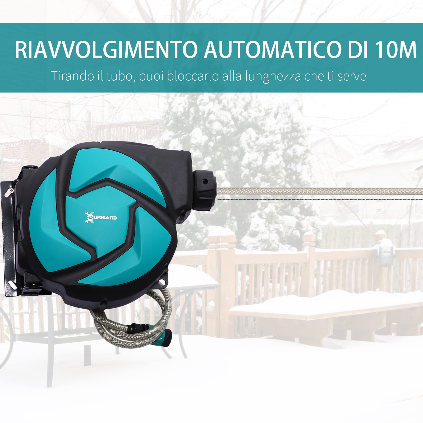DURHAND Avvolgitubo Automatico a Parete con Tubo da 10 m Nero Azzurro | Orientabile, 7 Ugelli, Avvolgitubo in Plastica e PP, 28x14x34cm