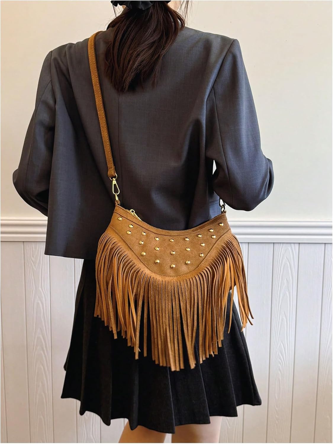 OYOANGLE Women's Rivet Fringe Trim Suede Crossbody Bags Boho Hippie Western Style Shoulder Handbag