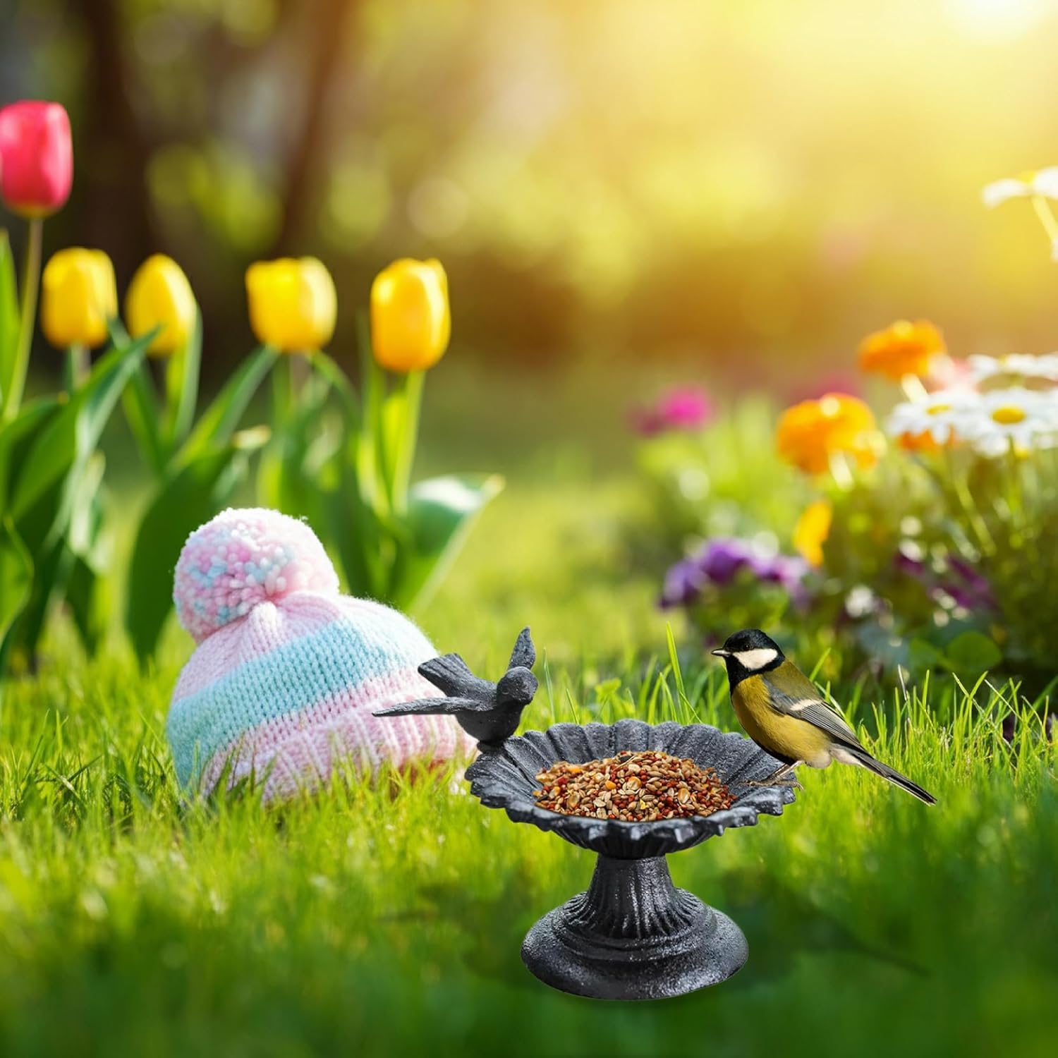 Bird Baths for Outdoors, Cast Iron Bird Bath, Flower Shape Bird Bath Bowl with Vintage Bird Ornament, Non Slip Bird Bath for Garden Yard Table Decor