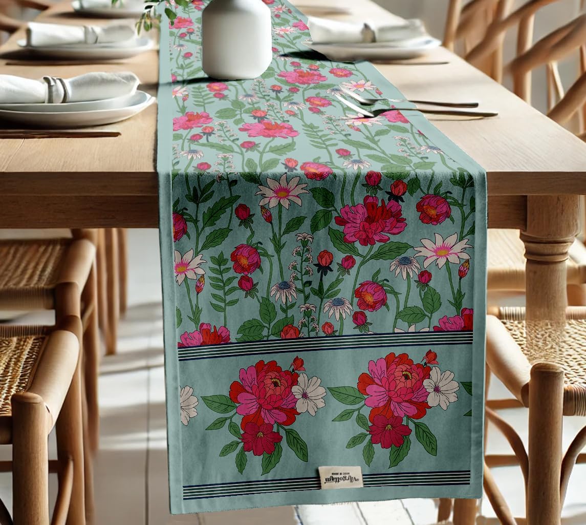 Floral Design Cotton Table Runner by Vargottam - Double Layer with Border - Washable Runner - Decorative Table Linen for Dining & Everyday Use