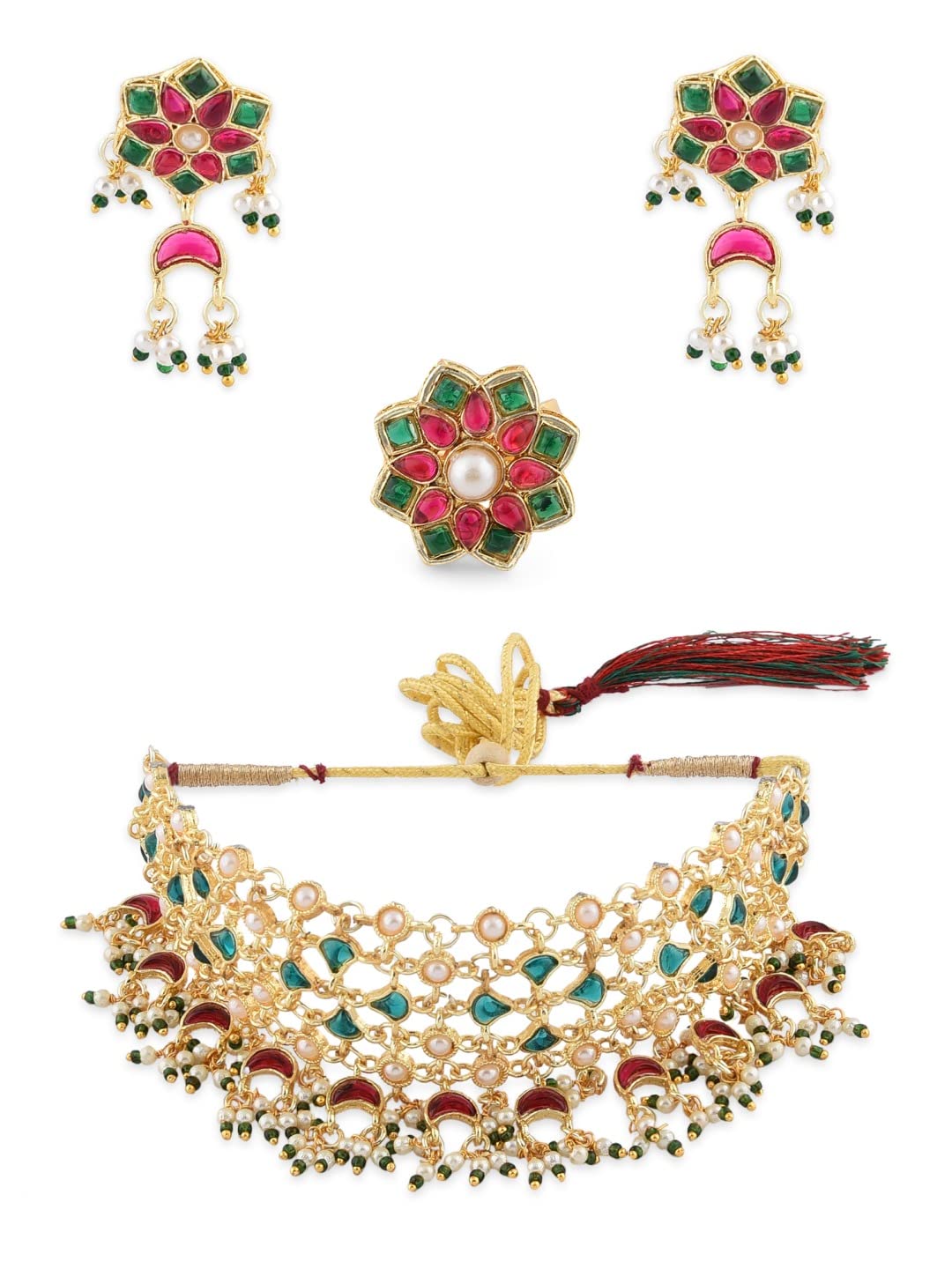 ZAVERI PEARLS Green & Pink Kundan Embellished Choker Necklace Earring & Ring Set For Women-ZPFK11478 (B09MKM3HY8) Amazon Price History, Amazon Price Tracker