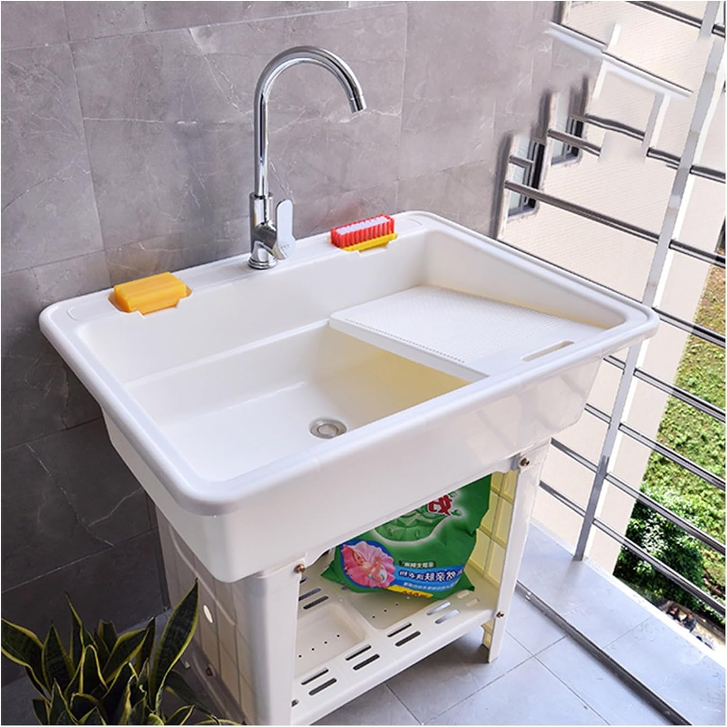 Utility Sink Laundry Tub With Faucet, Freestanding Utility Sink With Stainless Steel Faucet,Indoor Outdoor Utility Sink With Cold And Hot Water Faucet, Garden Sink Outdoor Sinks For Backyard(White,65*
