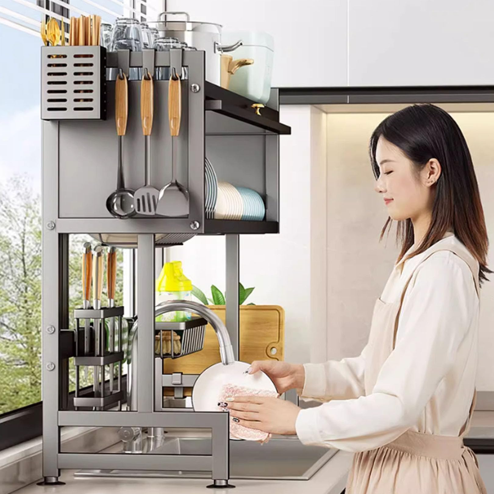 Escurridor de platos de cocina, 3 niveles de acero al carbono para fregadero con soporte para utensilios para encimera de cocina, puerta visible, diseño que ahorra espacio, fácil montaje