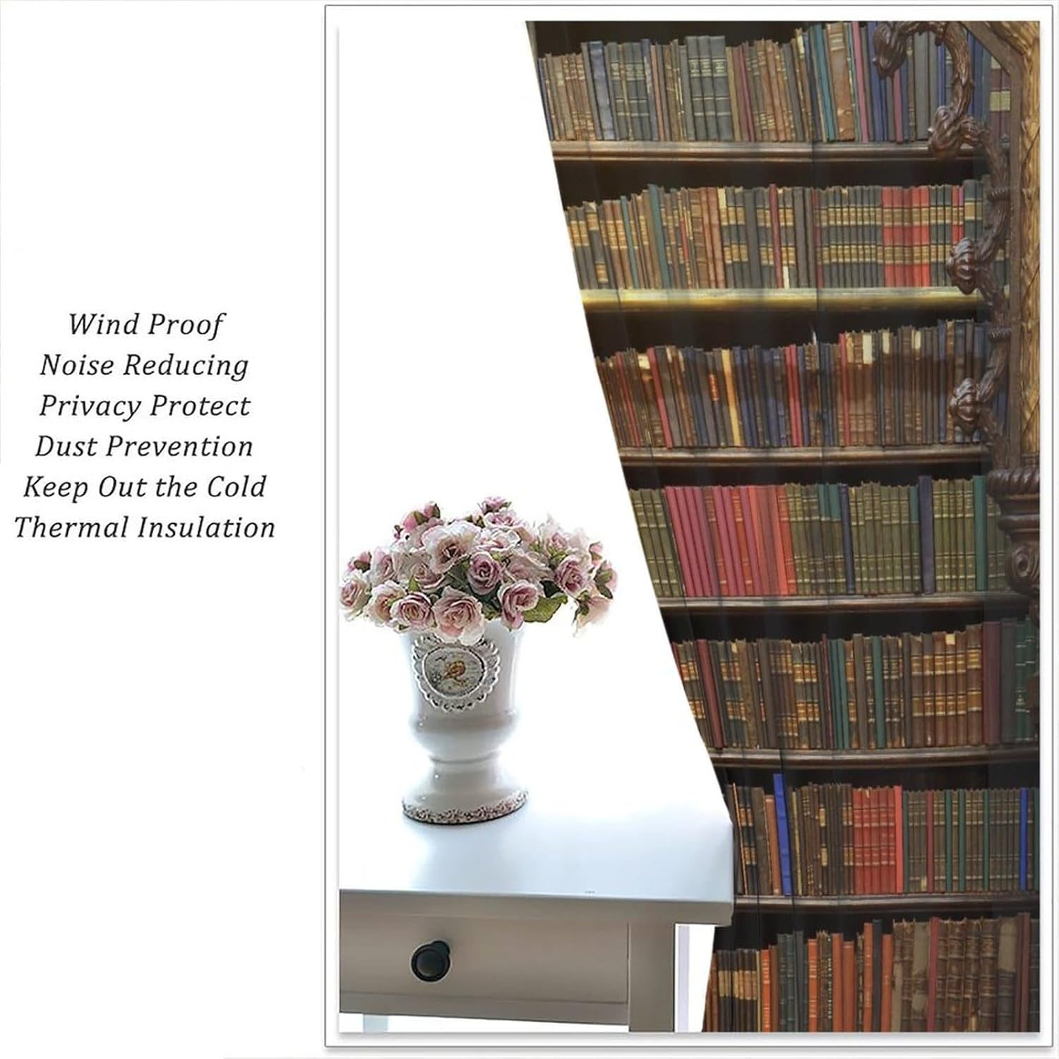 Retro Bookshelf Curtains Library Bookshelf Ladder Candle Decoration Blackout Curtains Suitable for Bedroom Study Classroom Living Room Blackout Rod Curtain Insulation 52x84 Inches