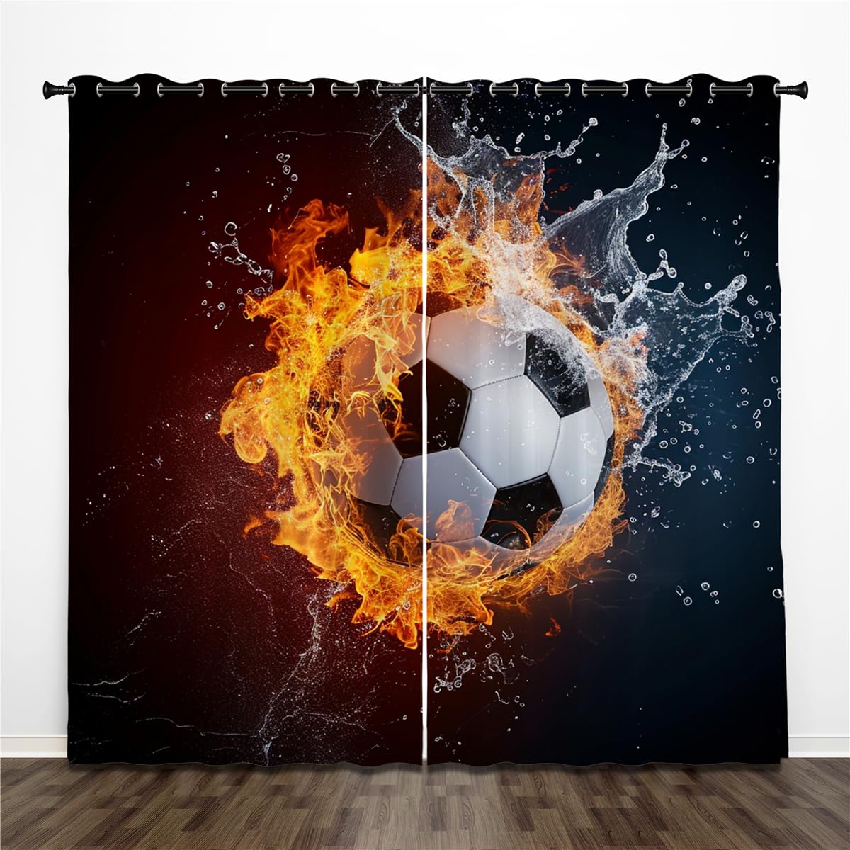 AyPoint Boys Sports Kids Curtains for Bedroom, 3D Fire and Water Soccer Football Window Treatments for Living Room, Teen Boys Girls Room Decor Drapes 2 Panel Sets (Soccer, 42x63 Inch)