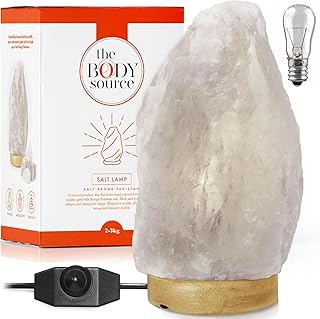 The Body Source Salzlampe (2-3 kg) mit Dimmerschalterlicht aus der Salt Range Pakistan auf einem Holzständer - Nachtlicht inkl.10W Glühbirnen und Geschenkbox