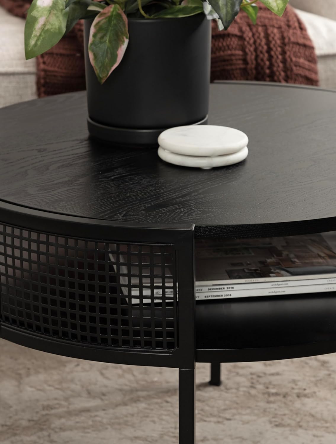 Kate and Laurel Urso Modern Tiered Round Coffee Table, 26 x 25 x 18, Black, Transitional Two-Tier Circle Living Room Table with Storage and Metal Mesh Construction