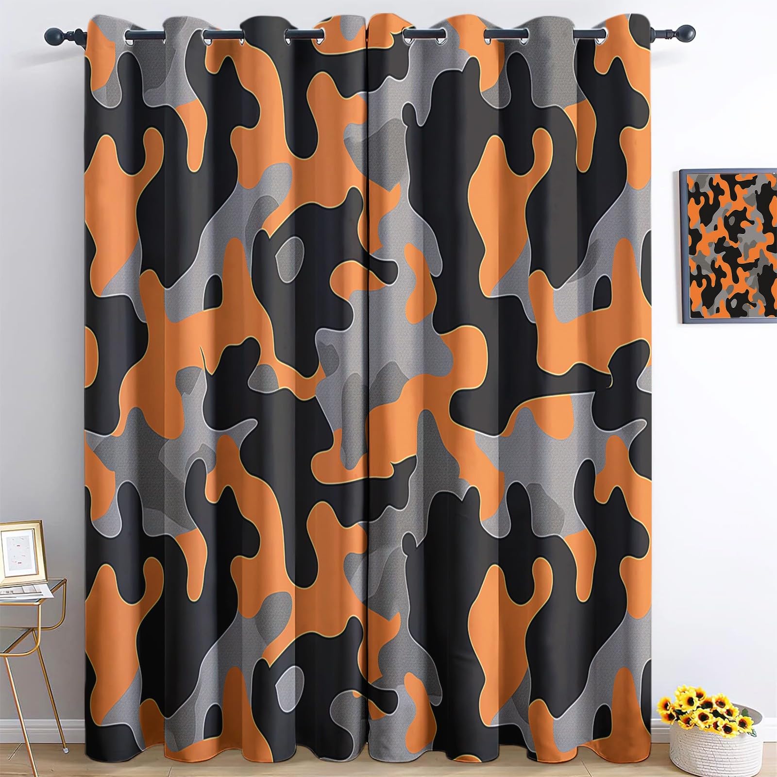XCQHZYQ Blackout Curtains Bedroom Camouflage Pattern Orange And Grey, Super Soft Thermal Insulated Eyelet Blackout Curtains for Living Room, Soundproof Window Drapes Decor 2 Panels, W66 x L72 inch