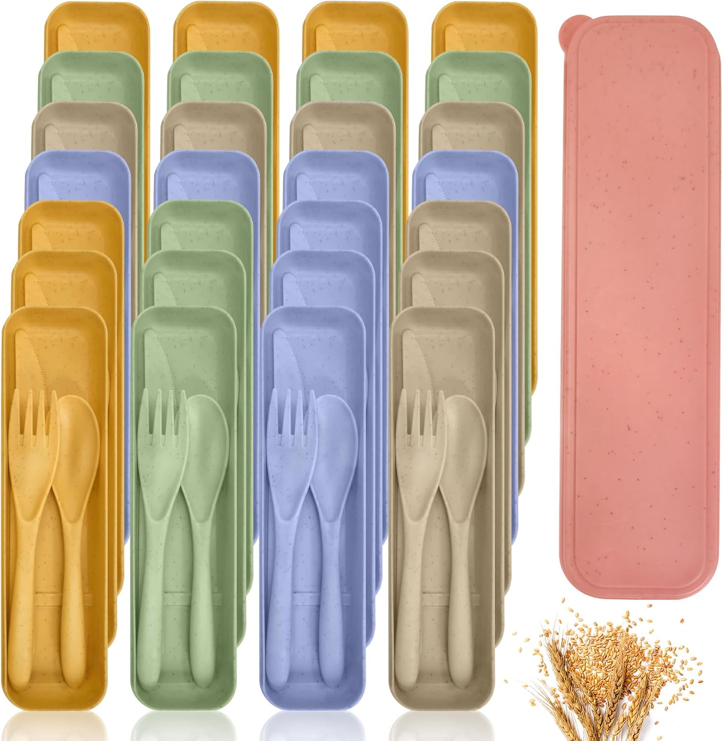 60 Sets Wheat Straw Silverware Set Bulk Wheat Straw Cutlery Lunch Box Accessories Reusable Travel Utensils Set with Case for Operation Christmas Child Items Bulk Kids Adults Camping(Light Color)