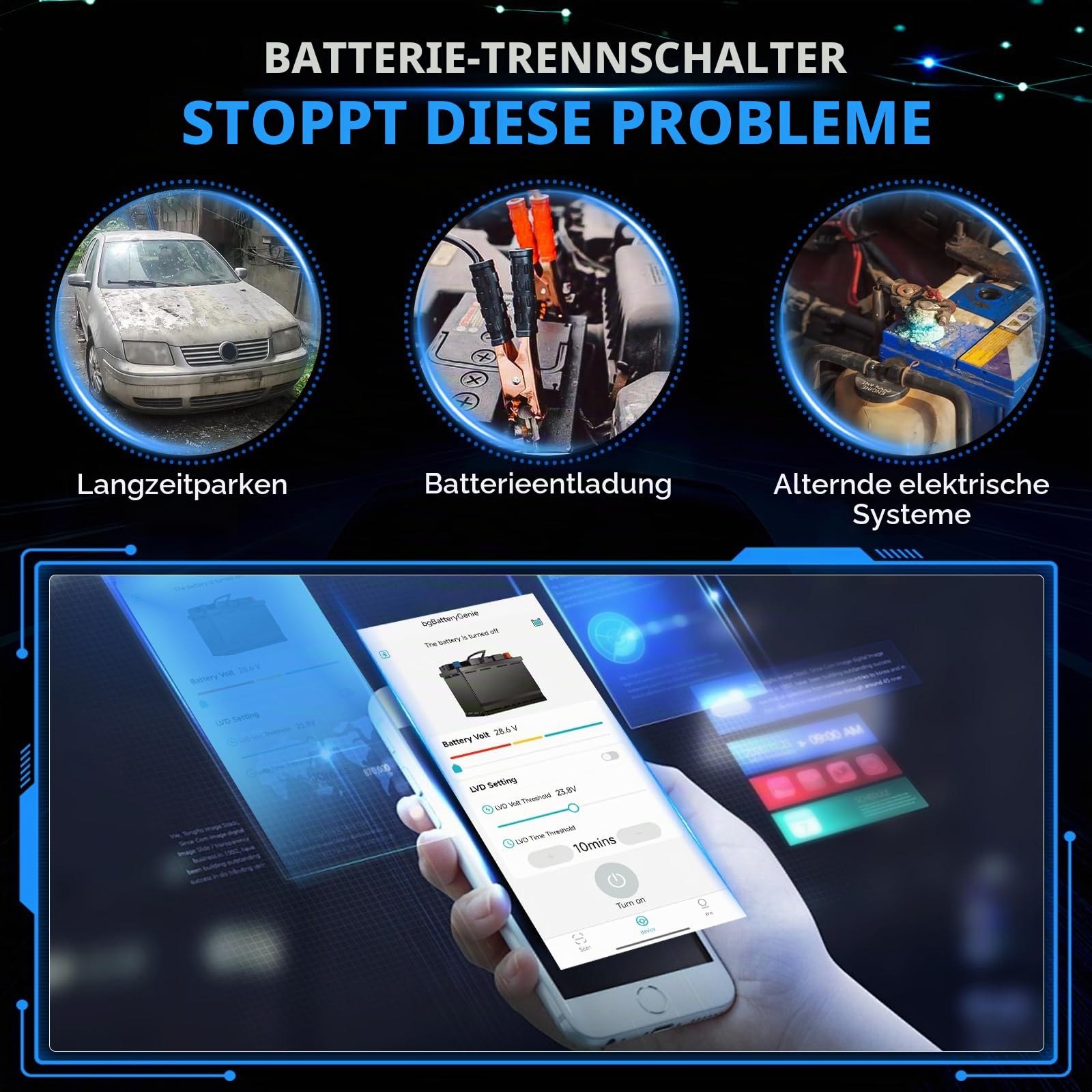 GEARMONSTER Drahtloser Ferngesteuerter Batterietrennschalter, 12V 240A, mit Led-Spannungsanzeige, App-gesteuert, Anti-Diebstahl, Batterie Kill Switch für Auto, Wohnmobil, ATV, LKW, Marine, Blau | Fernbedienung, Batterie Kill Switch, Bluetooth, Anti Diebst