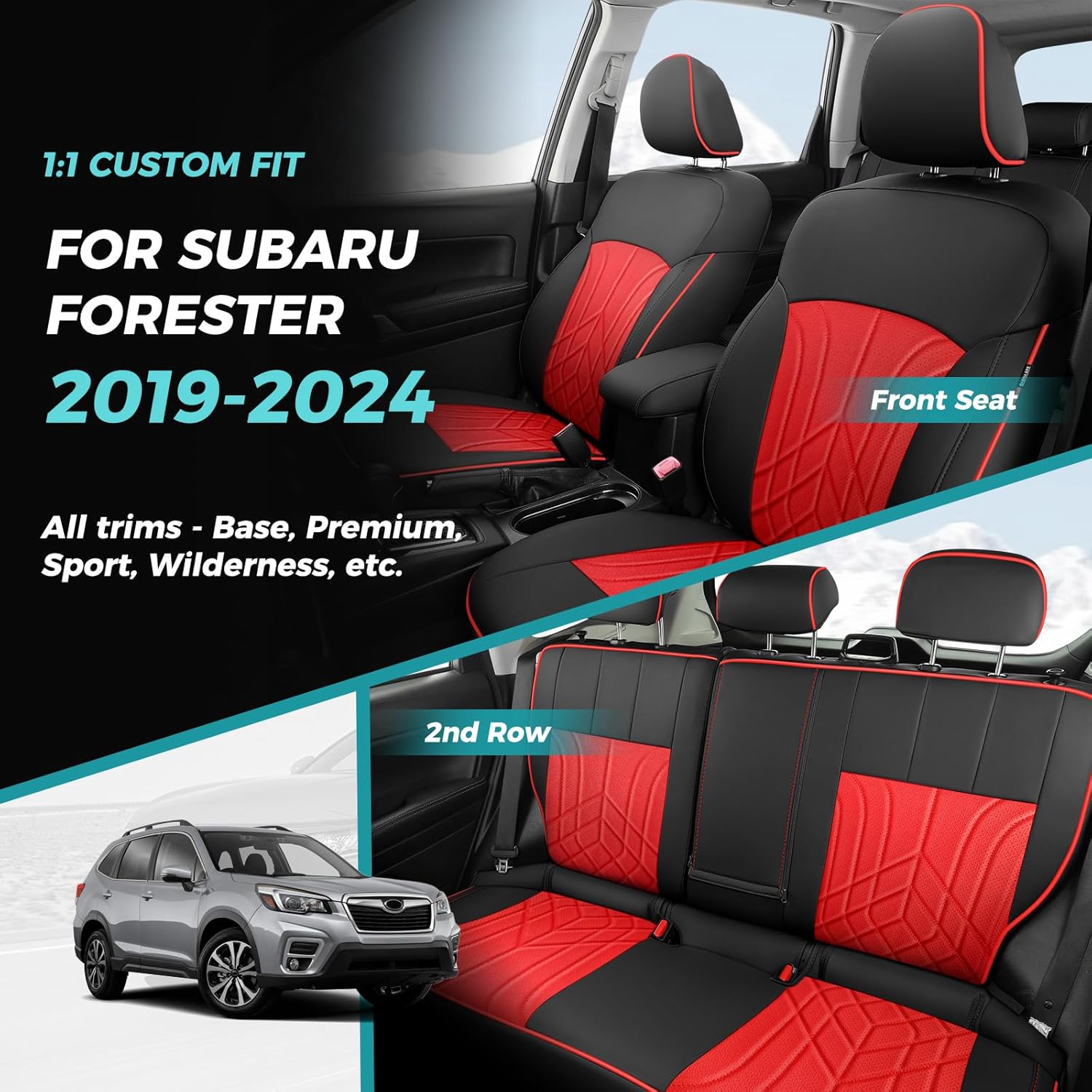 for Subaru Forester Seat Covers 5 Sets, Custom Fit for Subaru Forester 2019 2022 2021 2022 2023 2024, Waterproof Faux Leather Seat Covers BlackRed BlackRed Forester 2019-2024