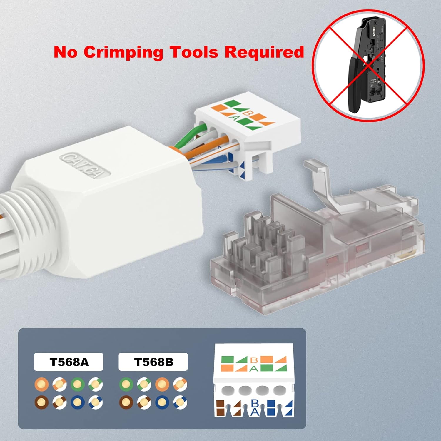 VCELINK RJ45 Connector Tool-Free, CAT6A Field Termination Plug, Gold Plated Modular Plug, UTP CAT6A Connector Toolless for 23 to 26 AWG Network Cable