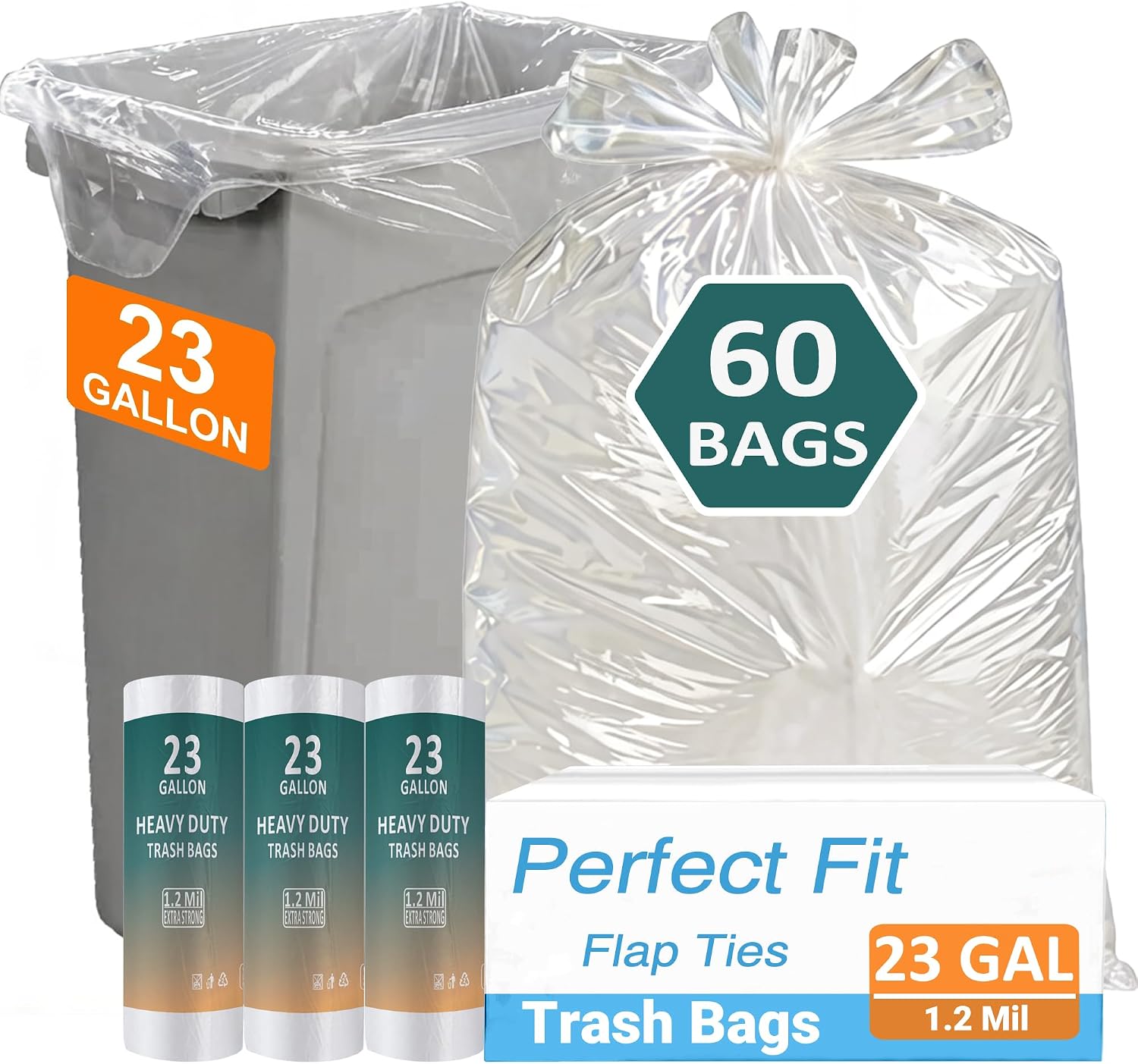 23 Gallon Clear Trash Bags with 4 Innovative Flap Ties 60 Count 1.2 Mil Heavy Duty Compatible with Rubbermaid & Winco & United Solutions 23 Gallon Slim Jim Slender Trash Can Tear & Leak Resistant