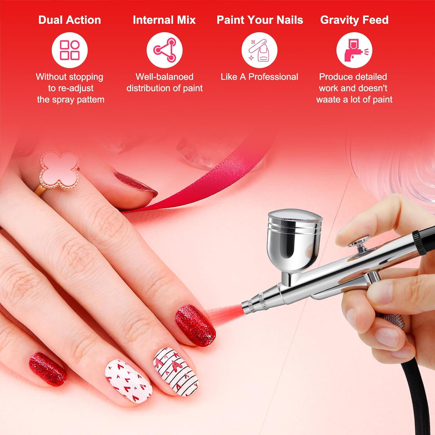 MADETEC Professional Nail Art Airbrush Kit with Compressor - 3 Adjustable PSI (25/35/48), Stable Pressure, 0.2/0.3/0.5mm Nozzles, Non-Clogging for Nail Art, Painting, Model, Cake ect Red