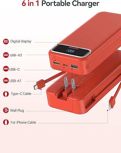 Miniatura 2 de Cargador portátil ligero de 20000 mAh con cables integrados y enchufe de pared de CA, batería de carga rápida PD20W USB-C, pantalla LED, cargador