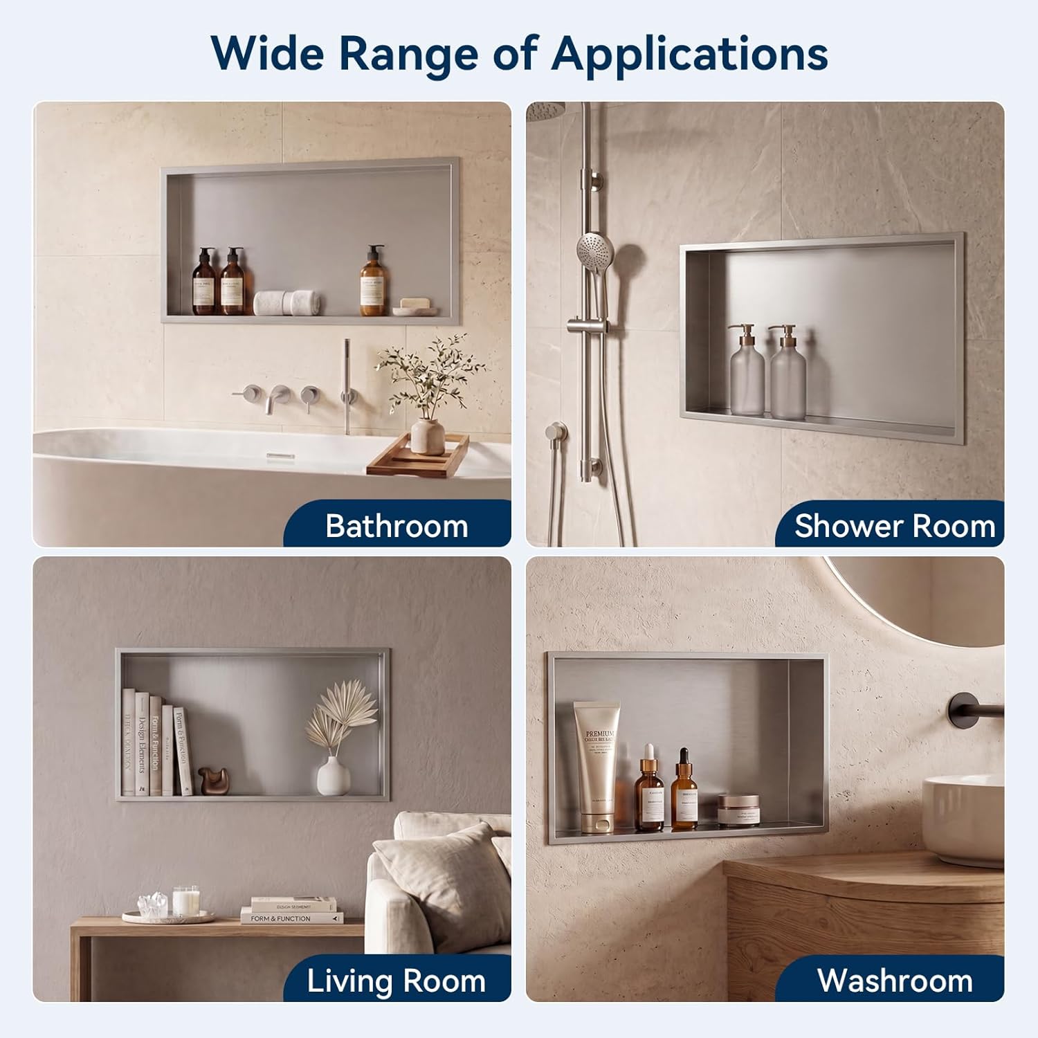 Shower Niche No Tile Needed 24 x 12, Niche for Shower Wall, Insert Tile Ready Recessed, Over Mount Installation, Brushed Nickel