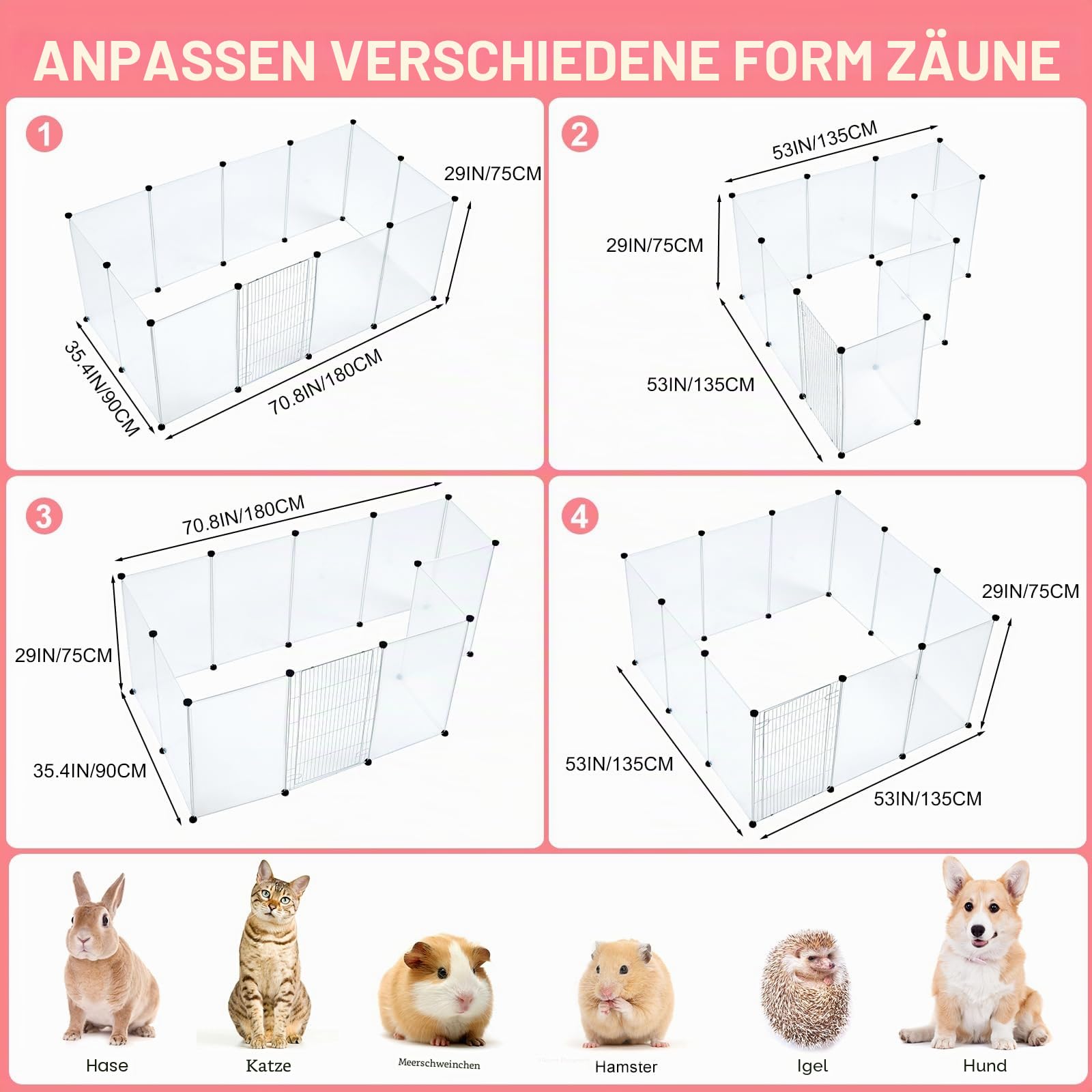 BRIAN & DANY Kleintiergehege, Laufstall Kleintiere Gehege für Kleintiere, Freigehege für Kaninchen, Welpe, Meerschweinchen - 12 Platten 180 x 90 x 75 cm