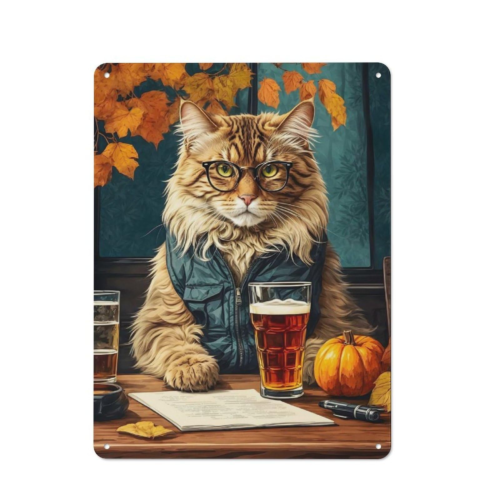 Metal Plaque 40x30cm with Intellectual Cat for Pub Or Café, Rustic Decor, for Pub Decor Enthusiasts