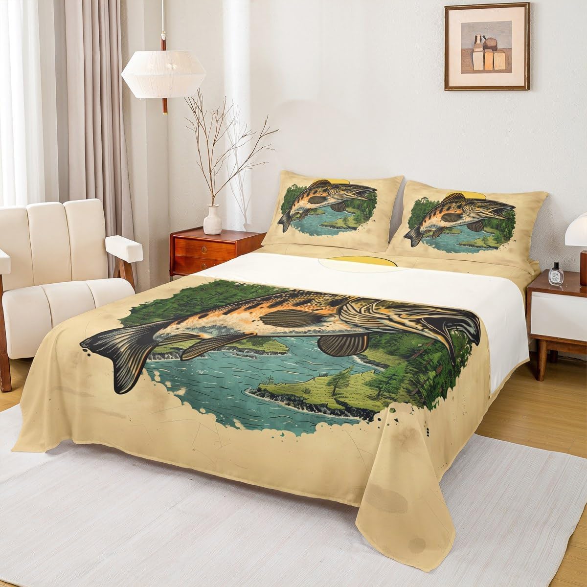 jejeloiu Fishing and Hunting Bedding Set Full Size Kids Bass Big Fish Fitted Sheet for Boys Girls Teens Pike Fish Bed Sheets Set Breathable Soft Lightweight Vintage Room Decor