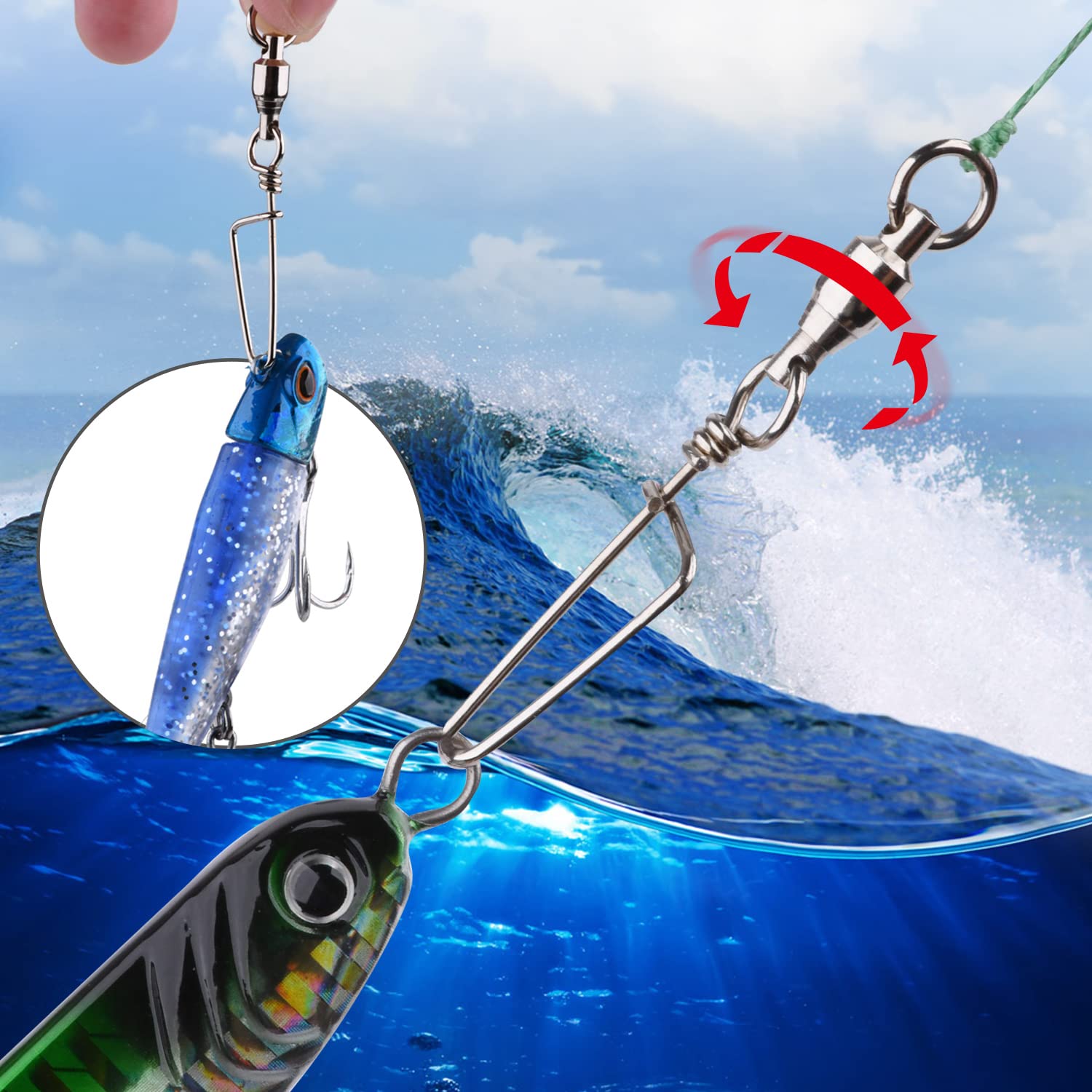 Goture 100PCS High Strength Stainless Steel Fishing Ball Bearing Swivel with Coastlock Snap, Welded Ring, Saltwater Corrosion Resistant Black Nickel Coating - 15Lb to 187Lb