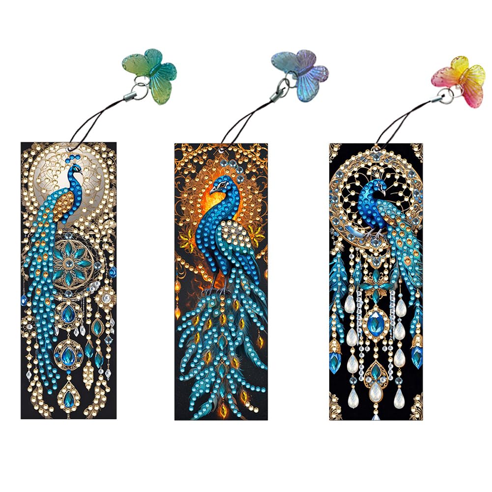 3 Pcs 5D Diamond Painting Bookmarks for Book Lovers, Handmade DIY Peacock Diamond Art Bookmarks with Crystal Pendant, Graduation Birthday (Blue-01)