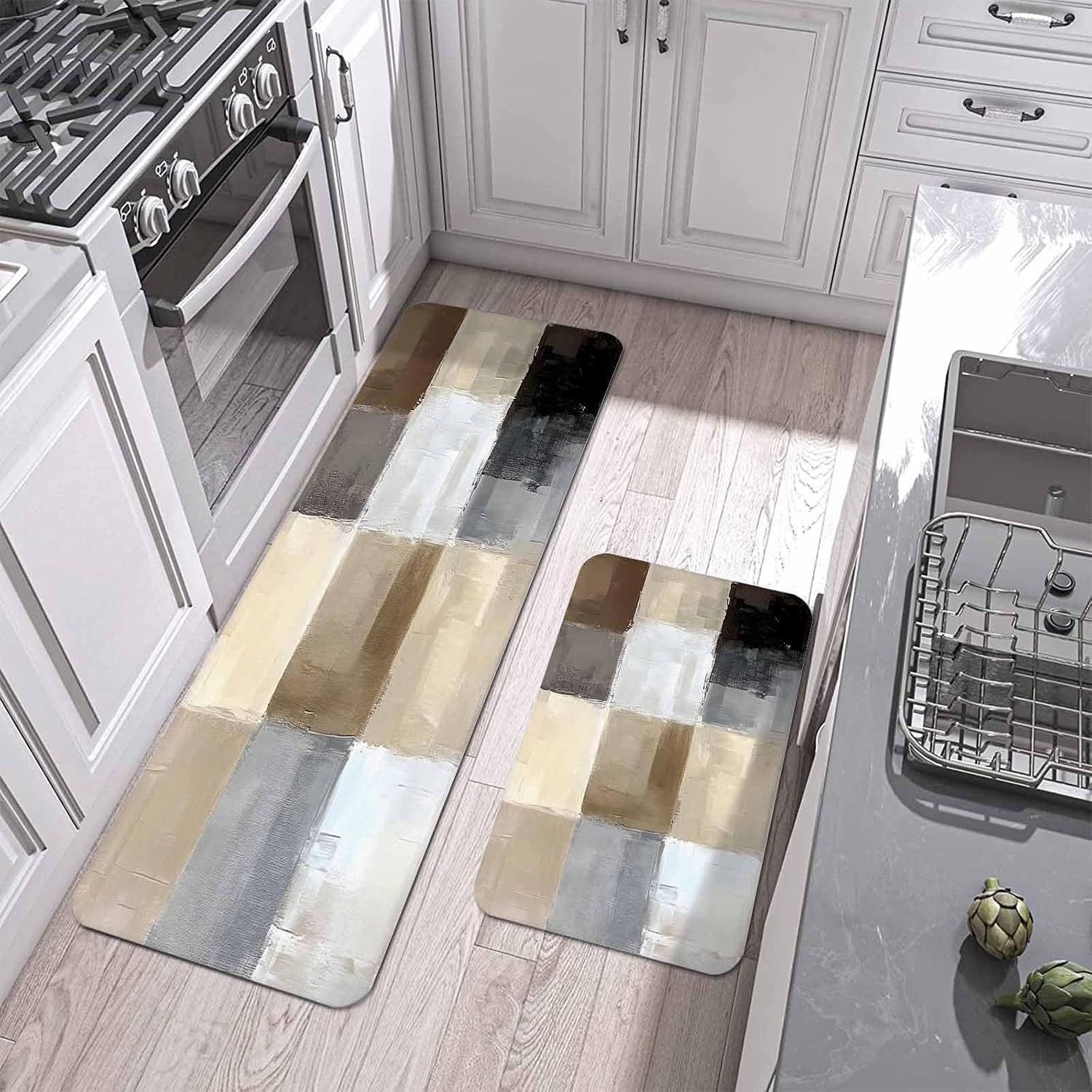 Prime Leader Abstract Style Kitchen Mat Set 2 Pieces Beige Brown Color Block Modern Oil Painting Non Slip Kitchen Rugs Washable Runner Rug Mats for Sink Laundry (19.7" x 31.5"+19.7" x 47.2")