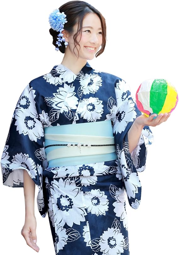 Amazon 浴衣 レディース セット 紺地に大輪の花 ときめき恋浴衣3点セット 紺 浴衣 通販