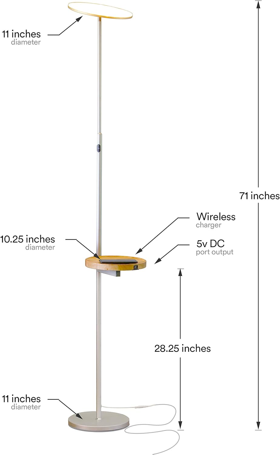 Exclusive Special Brightech Sky Ultra LED Floor Lamp- Wireless Charging and Table Top Shelf- Tall Standing Torchiere Lamp with Bright Light- Perfect for Living Room, Bedrooms, Office, Den- Platinum Silver