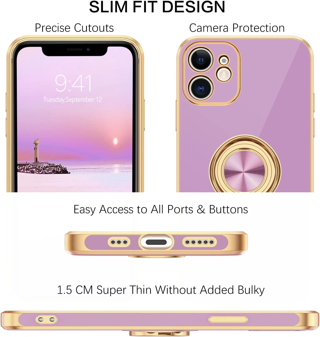 BENTOBEN iPhone 12 Case, Slim Lightweight 360° Ring Holder Kickstand Support Car Mount Shockproof Women Men Non-Slip Protective Case for iPhone 12 6.1", Purple/Gold