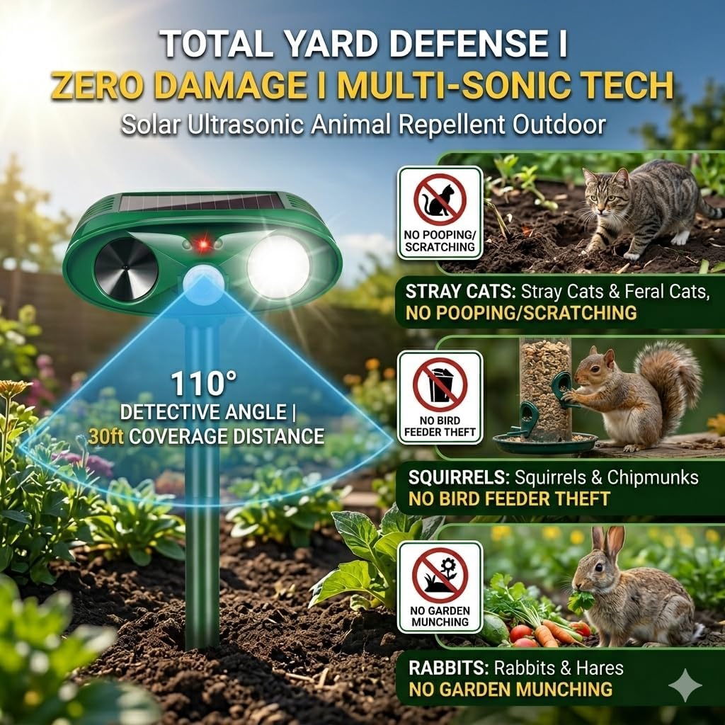 4Pack Sonic Fortress Pro Deer Repellent Devices Squirrel Raccoon Rabbit Cat Fox Deterrent Solar Ultrasonic Animal Repellent Outdoor with Motion Activated Strobe Light for Garden Yard Lawn Protection