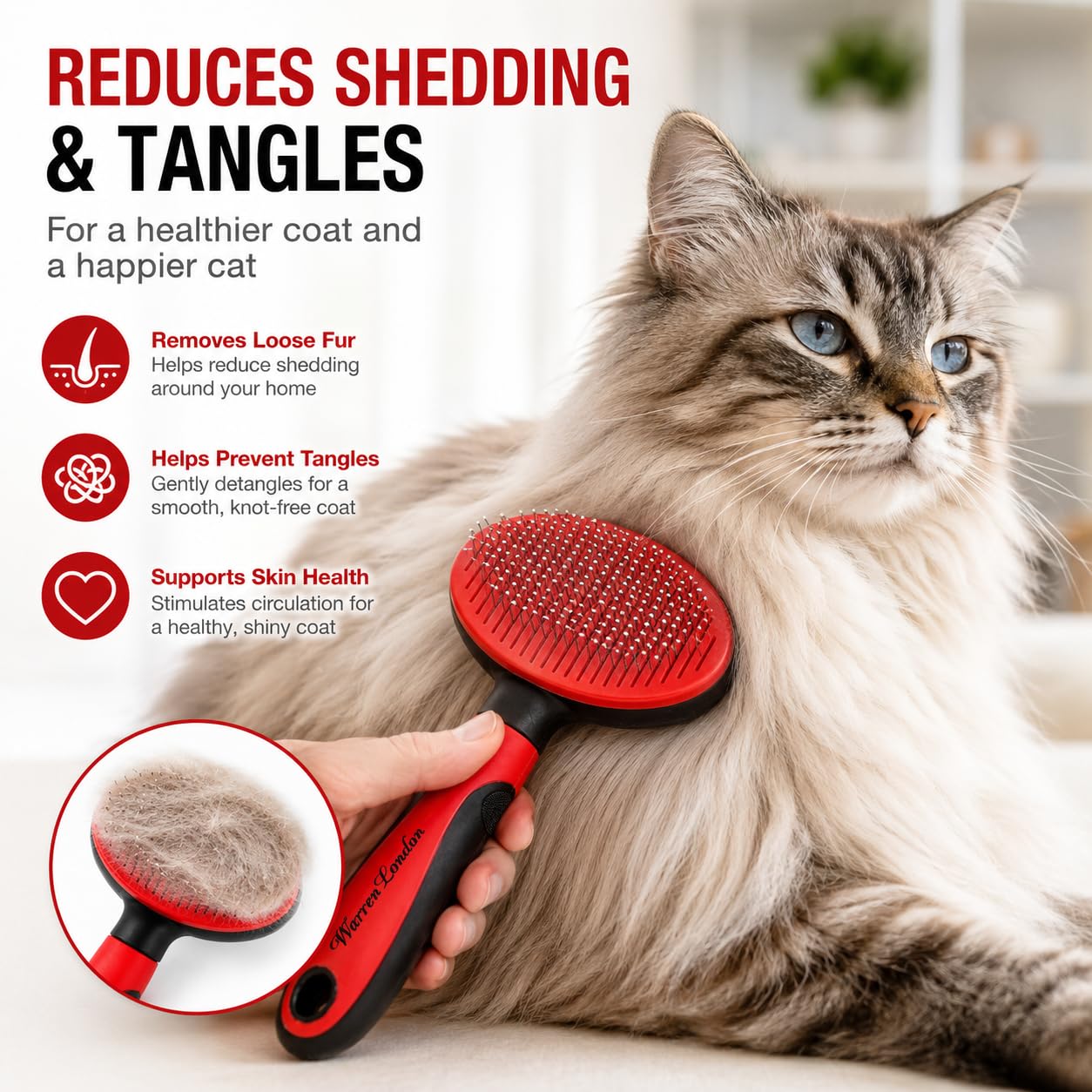 Warren London Brosse démêlante pour chat - Pour le toilettage et la perte de poils - Brosse autonettoyante avec bouton poussoir - Poignée ergonomique - Brosse de toilettage pour chaton et chat