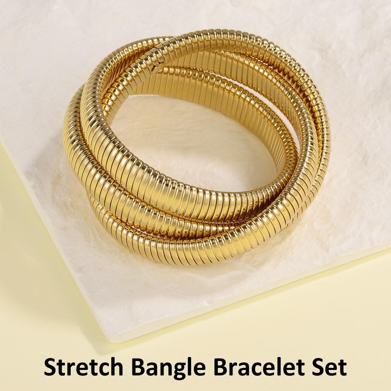 Emibele Gold Bangles Bracelet Set for Women, 18K Gold Plated Chunky Stainless Steel Non Tarnish Stretch Bracelet Stack, Flexible Wide Wristband Bangle Layered Snake Chain Bracelets - Image 7