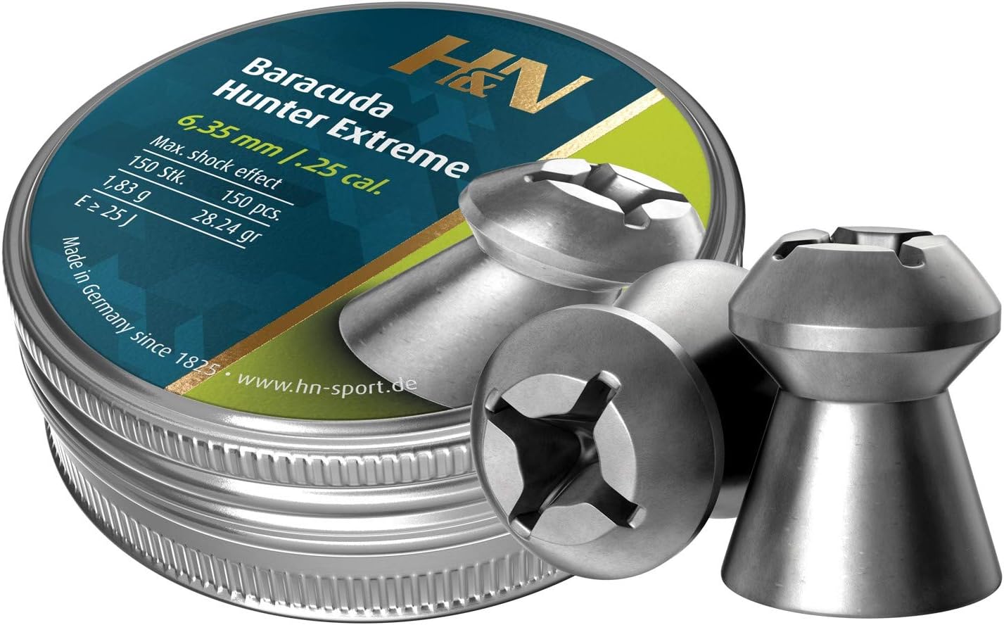 Haendler & Natermann H&N Baracuda Hunter Extreme Pellets, .25 Cal, 28.24 Grains, Hollowpoint, 150 Count (Pack of 1), Multi, Model:HN-92166350001B
