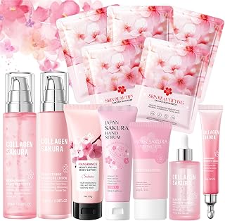 Sakura Skincare Set, 12 Stück Gesichtspflege Damen mit Feuchtigkeitscreme, Serum, Augencreme, Toner, Gesichtsreiniger, Maske & Handcreme für Zarte & Hydratisierte Haut, Geschenk für Frauen