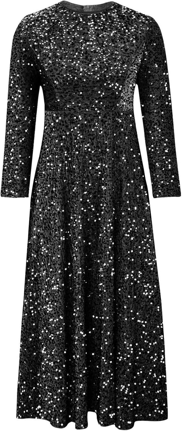 Women Sparkly Sequin Midi Dress,Long Sleeve High Waist Party Dresses