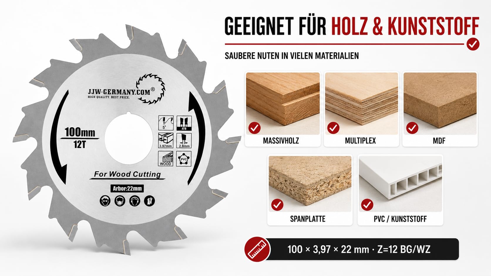 jjw-germany HM - Fresa de ranura (100 x 3,97 x 22 mm, 12 WZ, apta para fresadora de tacos planos Einhell)