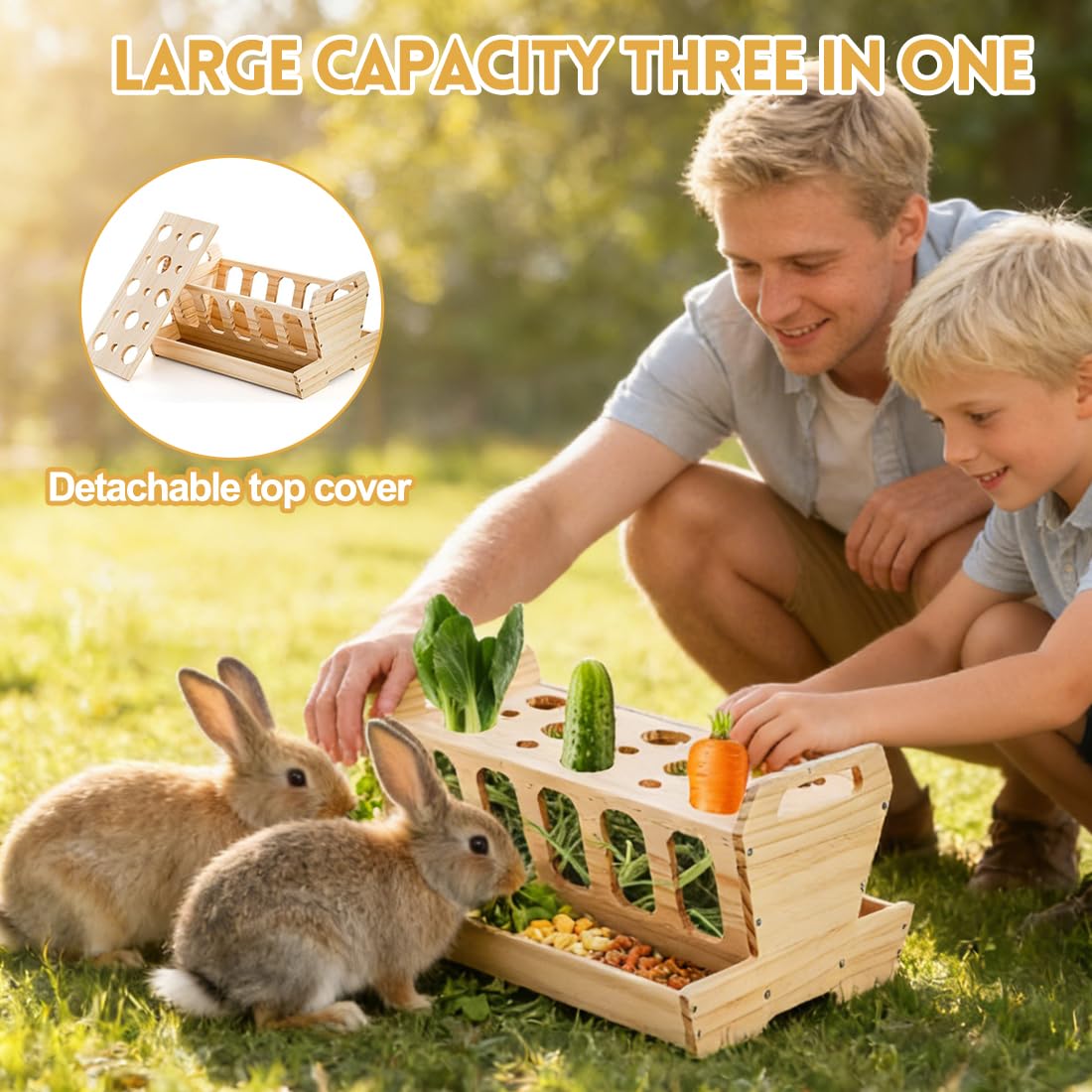 RANJIMA Hölzern Heuraufe für Kaninchen, Futterraufe mit Karottenhalter Heu Futterspender für Käfig Heuraufe Futternapf für Kaninchen Hasen Hamster, 30×20.5×18cm