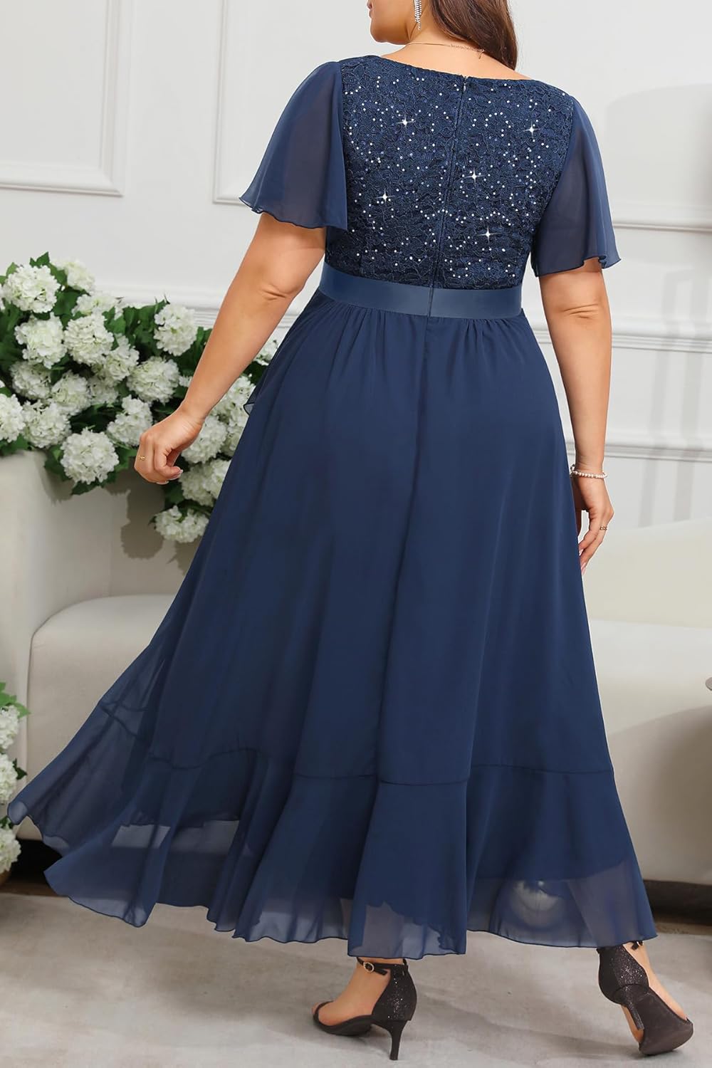 Pinup Fashion Plus Size Formal Dress - Evening Wedding Guest Cocktail Sequin Chiffon Long Dresses with Slit - Image 3
