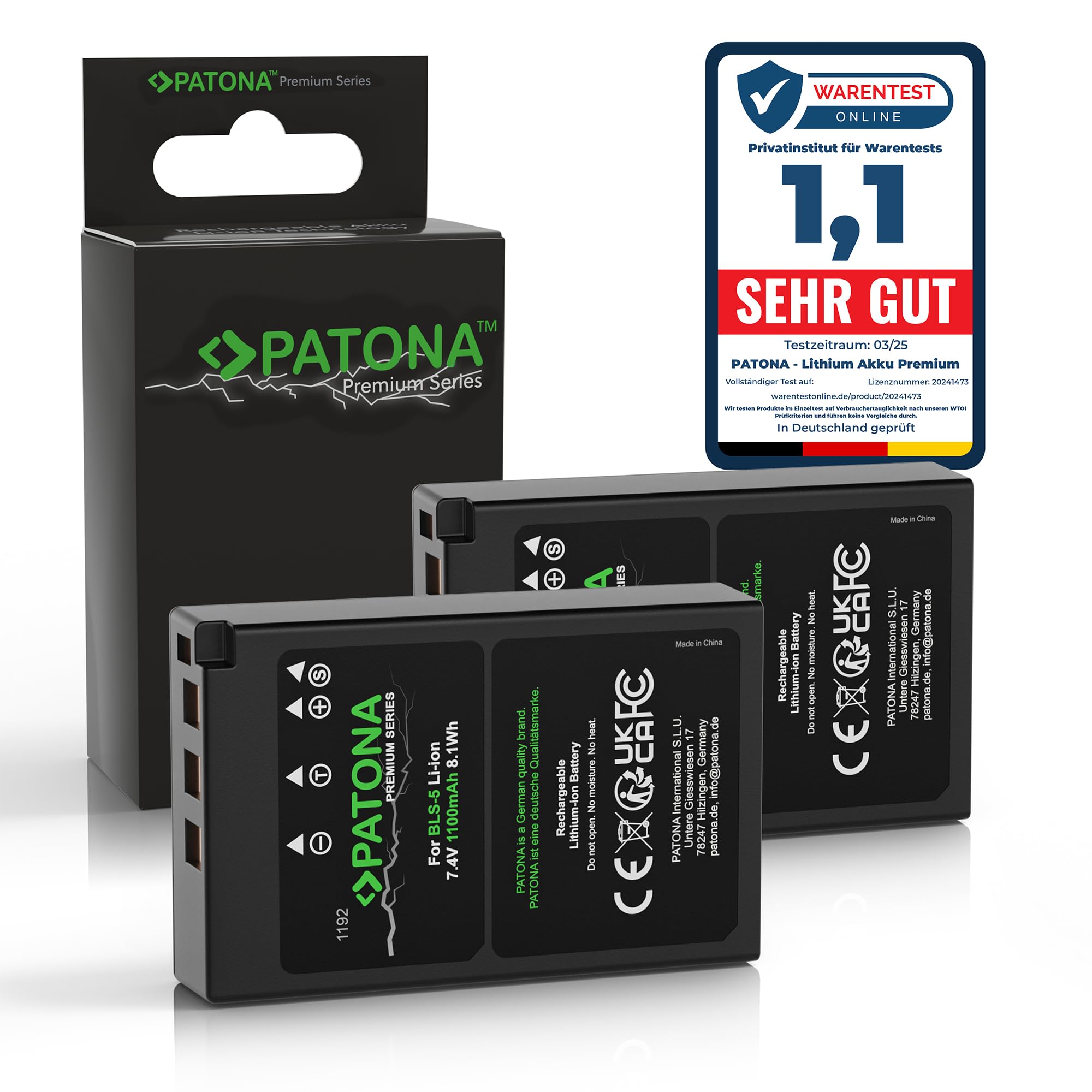 PATONA 2X Premium Batería 1100mAh – Recambio para Olympus BLS-5, BLS-50, PS-BLS5 – para OM-D E-M10 II-IV, E-M5 III, Pen E-P3, E-PL2 a E-PL9, E-PM1, E-PM2, Stylus 1 – una dispara, Otra Carga