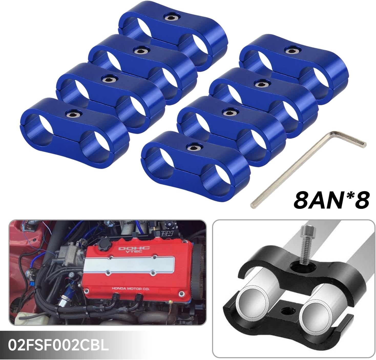 8AN Hose Fuel Line Separators Clamp Separator Clamp bracket Fitting Adapter Aluminum for Brake Line, Oil Line, Fuel Line, Gas Line and Water Pipe,8Pcs Blue.