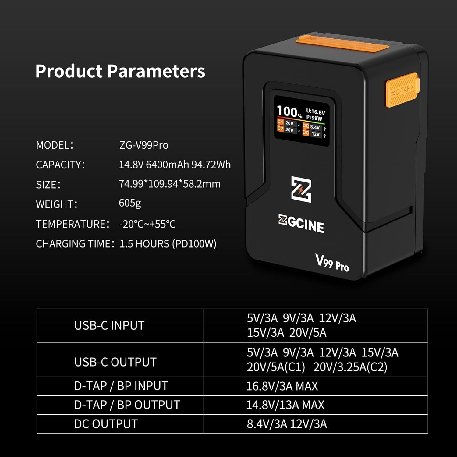 ZGCINE ZG-V99 Pro V-Mount Battery,100W Output Power with 1.5h Fast Charging,with USB-C,D-Tap,DC Ports,OLED Screen,Widely Compatible for Cameras,Smartphones,Computers,Video Light