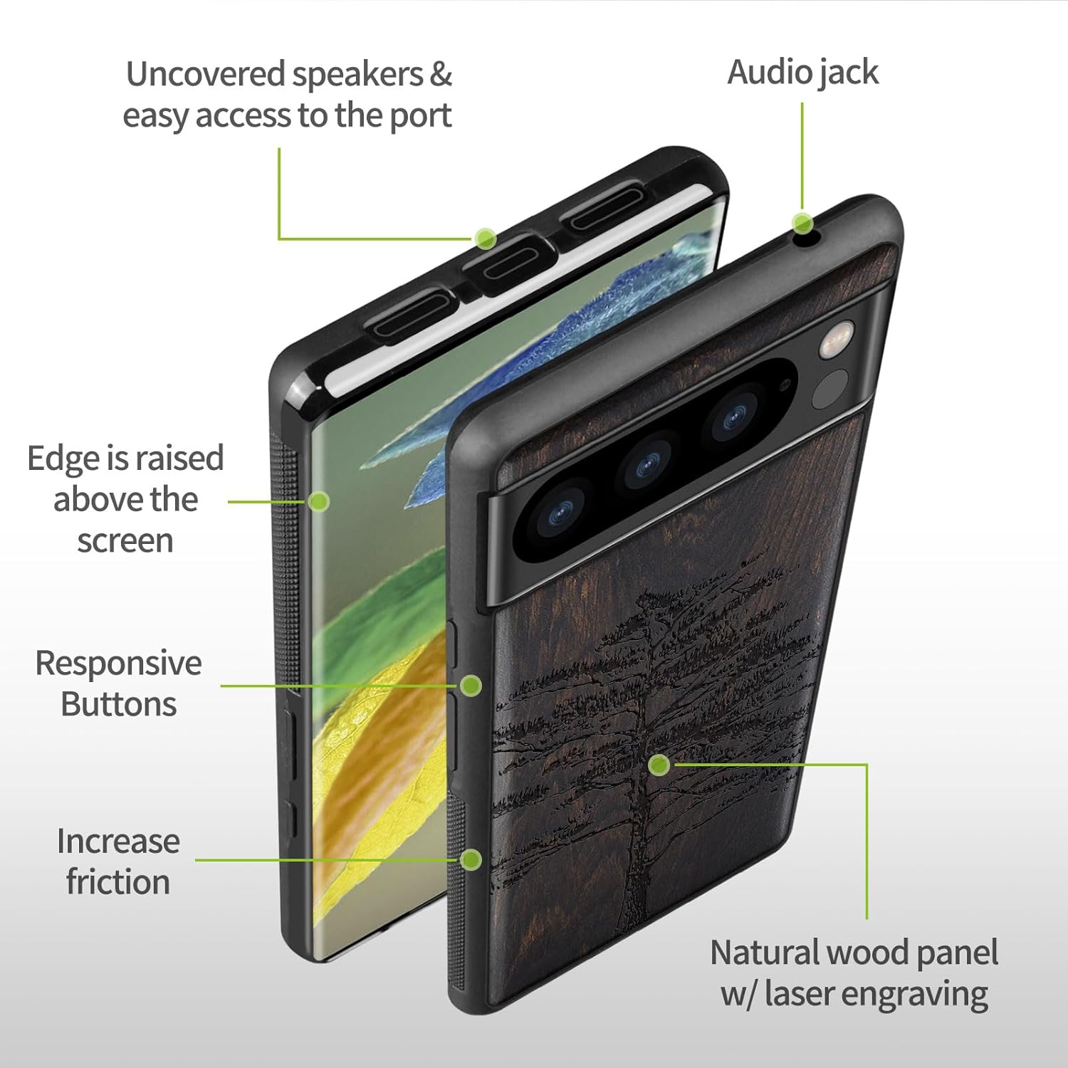 Carveit Wood Case for Pixel 8 Pro Case [Natural Wood & Black Soft TPU] Shockproof Protective Unique Wooden Cover Compatible with Google Pixel 8 Pro (Vintage Pine Tree Sketch-Blackwood)