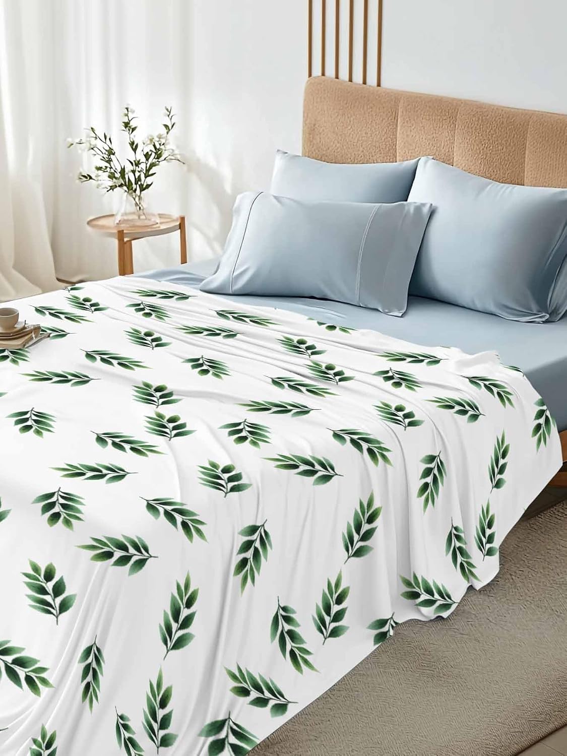 Top Sheet Full Bedding Flat Sheet Only, Watercolor Spring Summer Green Leaves Microfiber Bed Sheets Soft Breathable Bedding Flat Sheets, Pastoral Plant Hotel Luxury Top Sheets