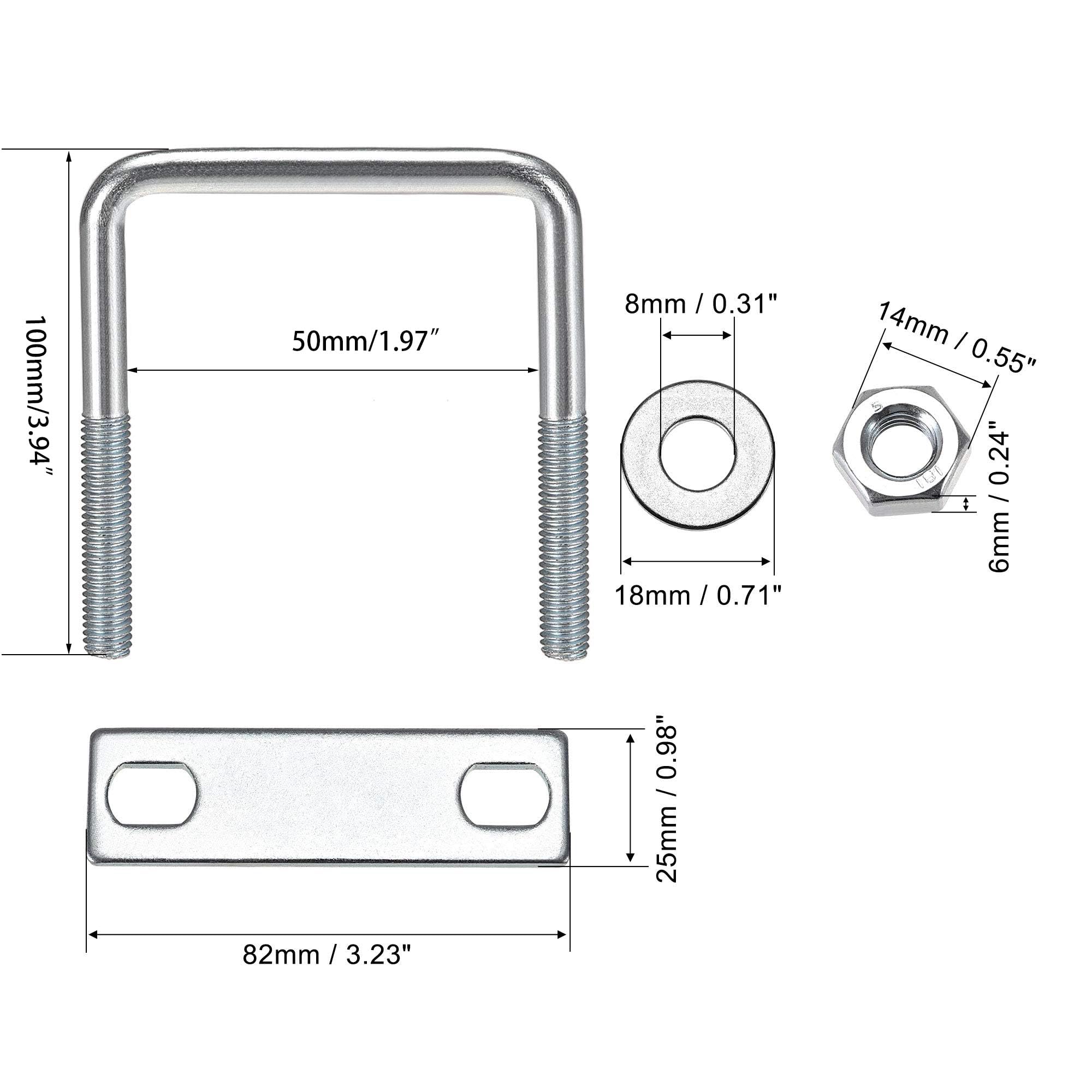 TA-VIGOR 4 sets M8 Square U-Bolts, 50mm Inner Width 100mm Length Steel U-Bolts with Nut, Plate - Image 2