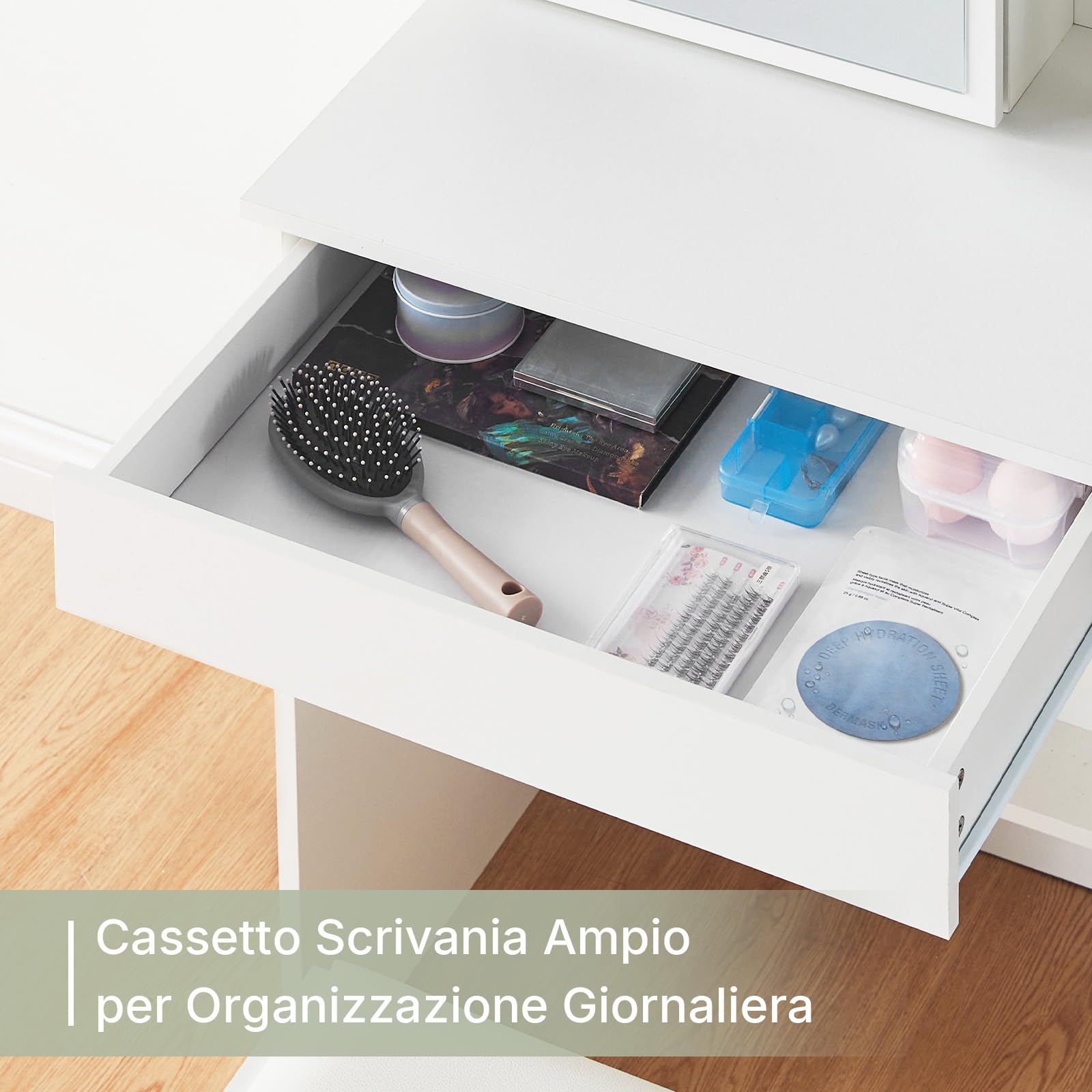 LEMROE Hollywood - Tavolo da toeletta con specchio a LED e sgabello, tavolo da trucco, scrivania da toeletta bianca con 7 ripiani e 1 grande cassetto per camera da letto